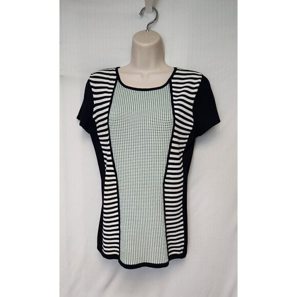 ANTONIO MELANI Navy Blue Round Neck Striped Blouse Cap Sleeve Size M - Picture 2 of 6